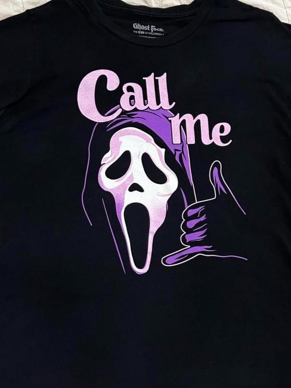 Hot Topic Black Tee with Pink and Purple Ghostface 'Call Me' Graphic